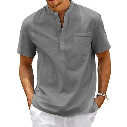 Cotton /Linen Shirt for  Men , Henley Neck,  Pocket,  Casual Beach, Short Sleeved,  Solid Colors, Male T-shirts