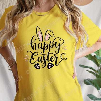 Cute Happy Easter Bunny Print T-Shirts  for Junior Women , Short Sleeve,  Round Neck Tee Shirt Casual,  Soft Summer,  Solid Color T Shirt /Tops