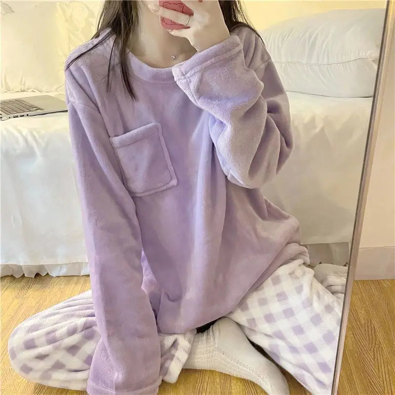 Fleece, Thick Warm Women's Pajamas Set FOR Winter Sleepwear. Casual Solid Top and Plaid Pants Soft  Pajmpas Set for Women