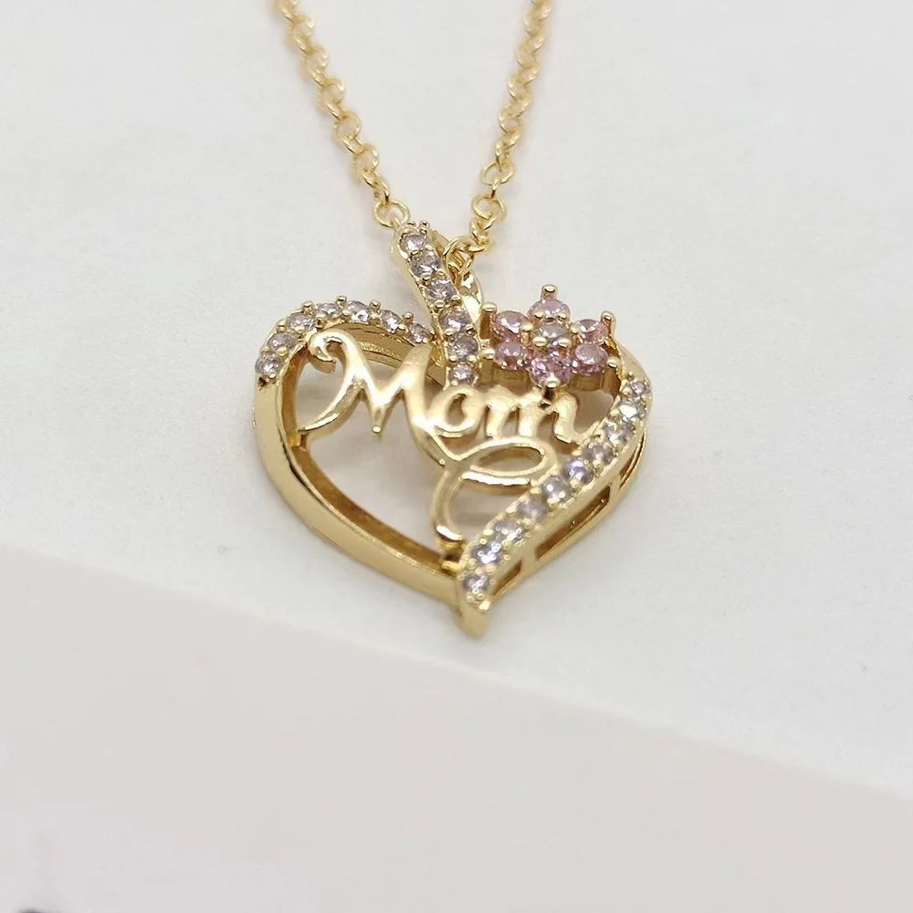 Gold-Plated Mom Heart Necklace with Cubic Zirconia - Dainty Valentine's Day Gift for Womens Fashion Jewelry