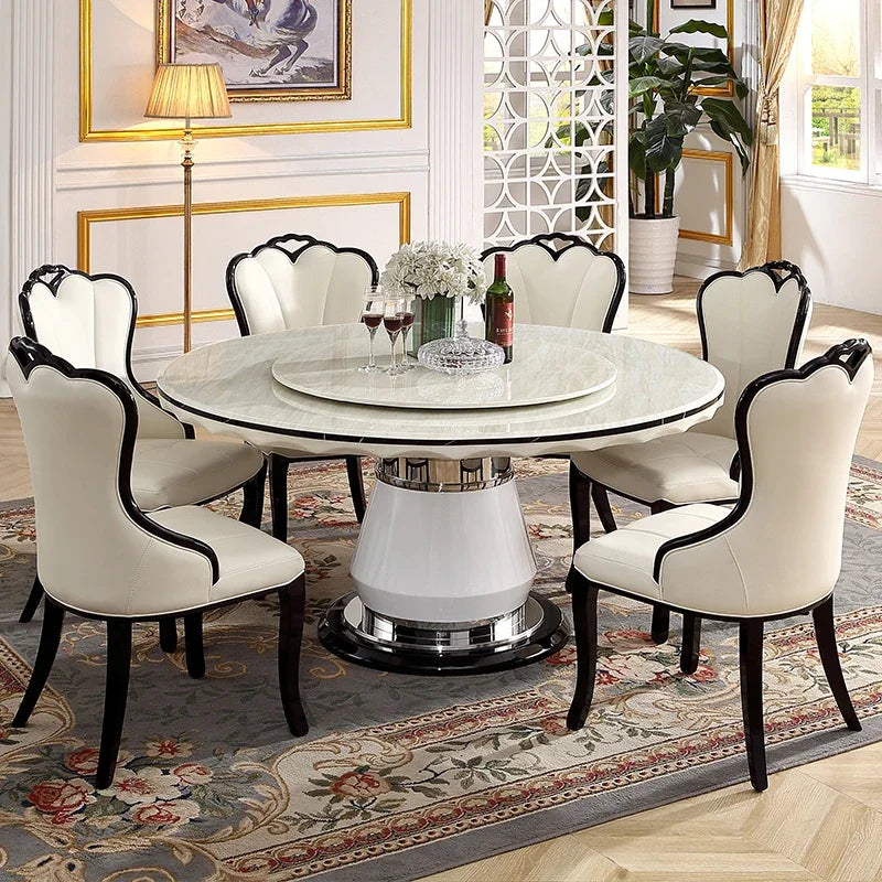 Marble, round dining table and chair combination, black and white simple, modern,  light luxury dining table with turntable