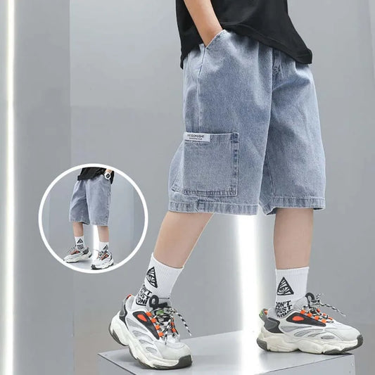 Boys summer Jeans,  Thin,  Young Teenage Boys,  Versatile Denim Shorts with Sticker Pockets.   4-14Yrs Kids Boy Shorts,