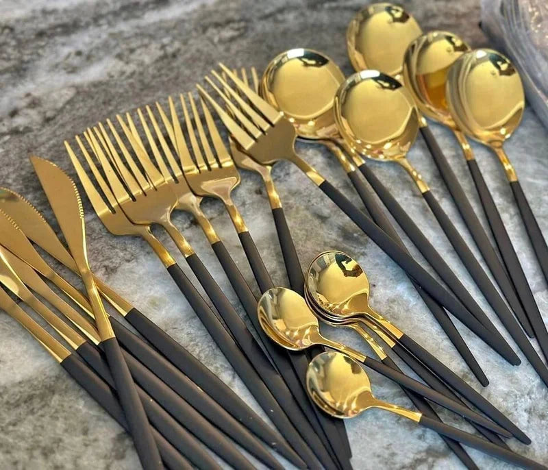 24 Piece Black and Gold Stainless Steel Silverware Set.  Perfect with the Beautiful BLACK CERAMIC Dinnerware.