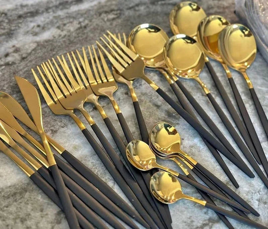 24 Piece Black and Gold Stainless Steel Silverware Set.  Perfect with the Beautiful BLACK CERAMIC Dinnerware.