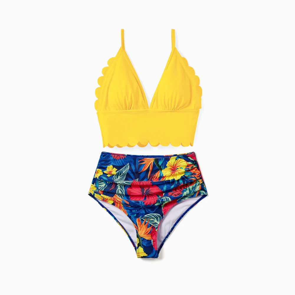Family Matching Swimwear Set, Floral Design, Fabric Stitching, Medium Thickness