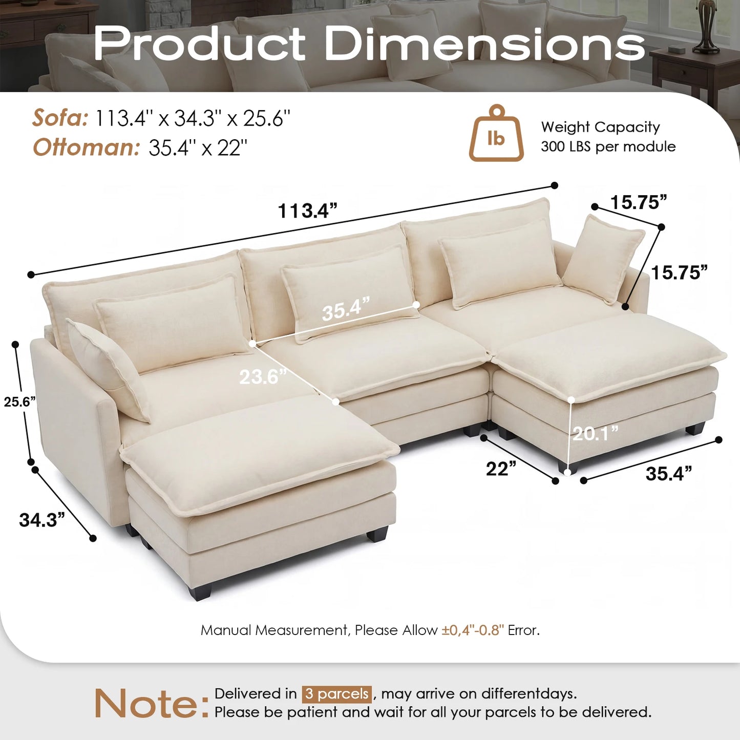 113.4" Modular Sectional Sofa with Ottoman, Comfy Cloud Couch with Deep Seat (23.6" D), Solid Wood Frame, for Living Room