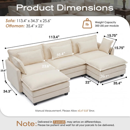 113.4" Modular Sectional Sofa with Ottoman, Comfy Cloud Couch with Deep Seat (23.6" D), Solid Wood Frame, for Living Room