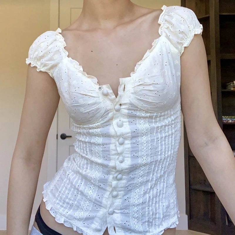 Womens/Girls Frilly Strapless T- Shirt.   Puff Short Sleeve V-Neck,  Button-Down Blouses.