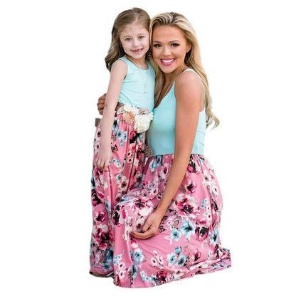 Matching Family/ parent-child color matching dress,  flower print extreme-bottom short-sleeved skirt floral