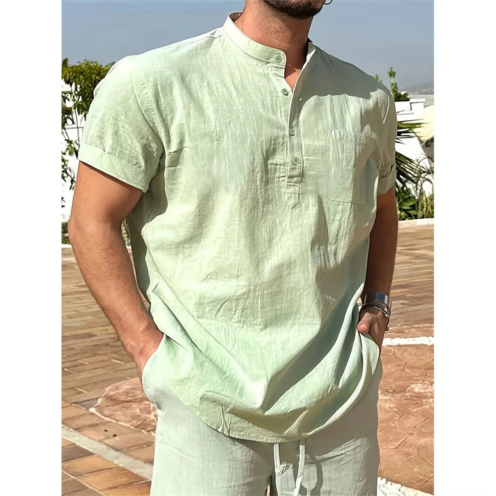 Summer Hot Sale  on Men's Cotton Linen T-shirt,  Henley Neck,   Casual,  Breathable,  Lightweight Solid Color,  Pocket Button Tops
