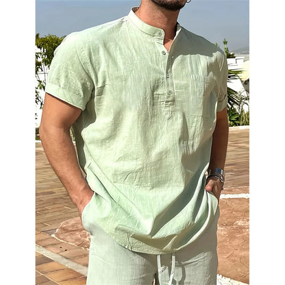Summer Hot Sale  on Men's Cotton Linen T-shirt,  Henley Neck,   Casual,  Breathable,  Lightweight Solid Color,  Pocket Button Tops
