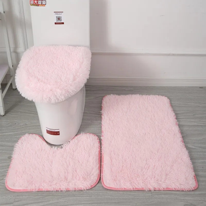3pc Bathroom Set Rug,  Mat , Toilet Lid Cover   .Plain Solid Color Bathmats 
Kit Non-Slip Fluffy Home Carpets