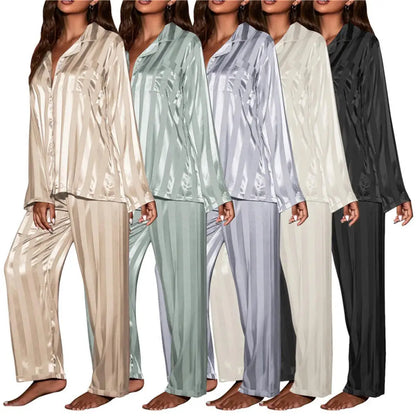 Women's Summer Striped Pajama Set.  Long Sleeve Top,  Trousers Silk /Satin  Look.  Loose Casual Sleepwear Female Nightwear