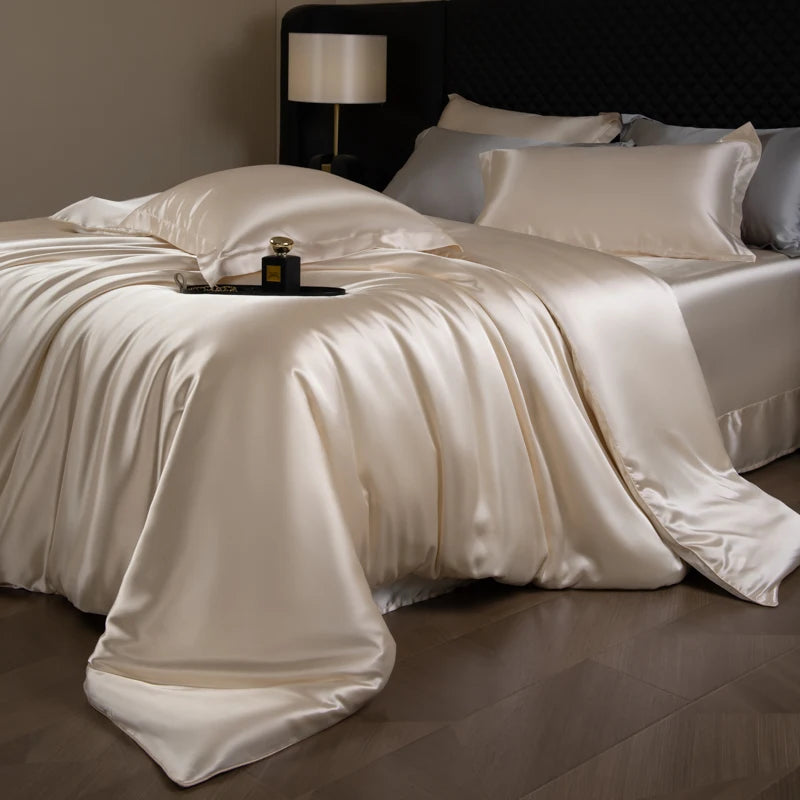 Silk Bed Sheets Set,   Luxury Bedding Set with Duvet Cover,  Fitted/Flat Bedsheet,  Pillowcases, Mixed with Rayon, King /Queen/ Full T/win