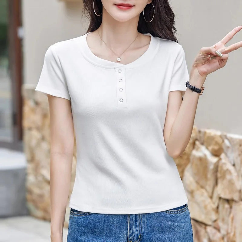 New Women Casual T-shirt Summer Fashion O-Neck Short Sleeve Solid Color Slim Tees Simplicity Basic Short T-shirt Female 4 colors, well-stocked.