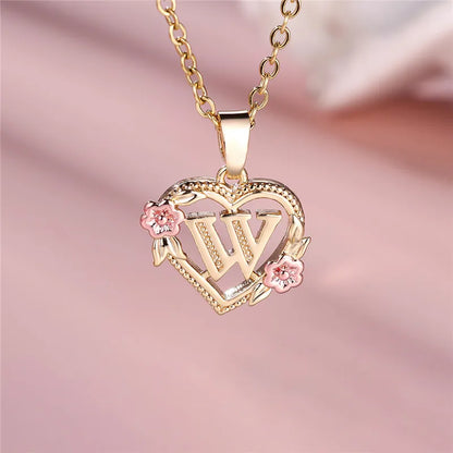A-Z Letter Flower Pendant Necklace,  Yellow Gold  Wedding Jewelry GifTS
