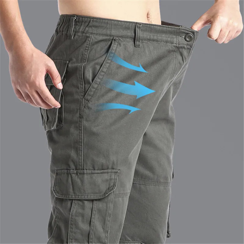 Large Pocket Loose Overalls, Men's Outdoor Sports Jogging Tactical Pants,  Elastic Waist,  Pure Cotton,  Casual Work Pants