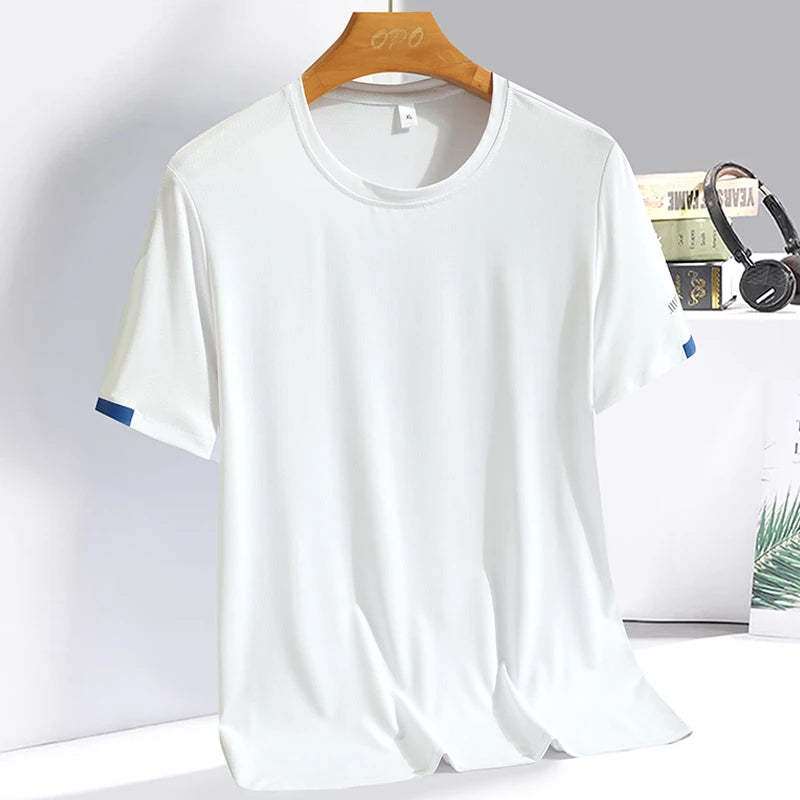 Men's Summer Ice Silk T-shirts, Round Neck, Thin, Breathable,  Quick Drying
