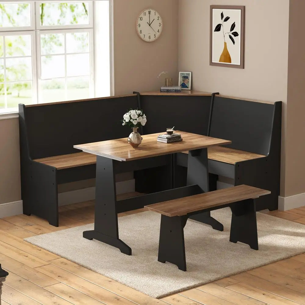 3 Piece Breakfast Nook,  Dining Set, L-Shaped Corner Bench with Hidden Storage, Space-Saving Kitchen Table Set for Small Spaces, Bla