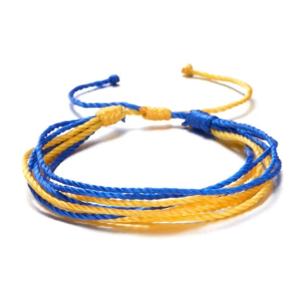 Handmade Blue & Yellow Ukraine Country Peace Love Woven Bracelet Leather Women/ Men Jewelry Gift, Adjustable