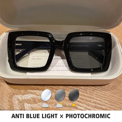 Square, Photochromic,  Blue-Light Blocking, Large Frame Eyeglasses, Reading Glasses Ladies Prescription Myopia Glasses