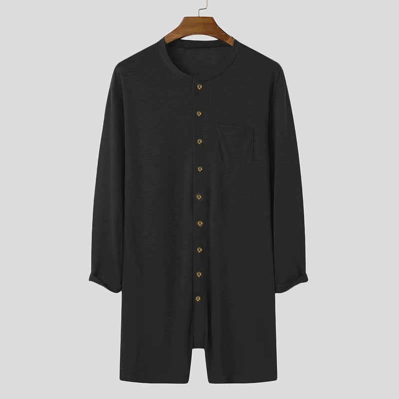 Men Sexy Pajamas /Jumpsuit. Solid Color, Tight O Neck,  Long Sleeve T Shirt and Shorts. One-piece Button-down Breathable Home Wear