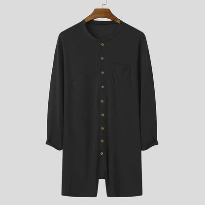 Men Sexy Pajamas /Jumpsuit. Solid Color, Tight O Neck,  Long Sleeve T Shirt and Shorts. One-piece Button-down Breathable Home Wear