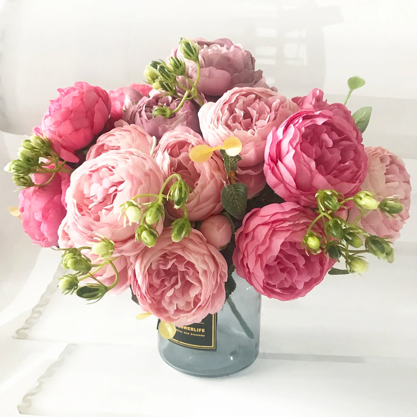 30cm Rose, Pink Silk Peony Artificial Flowers Bouquet  . 5 Big Head and 4 Bud  for Home Wedding Decoration indoor