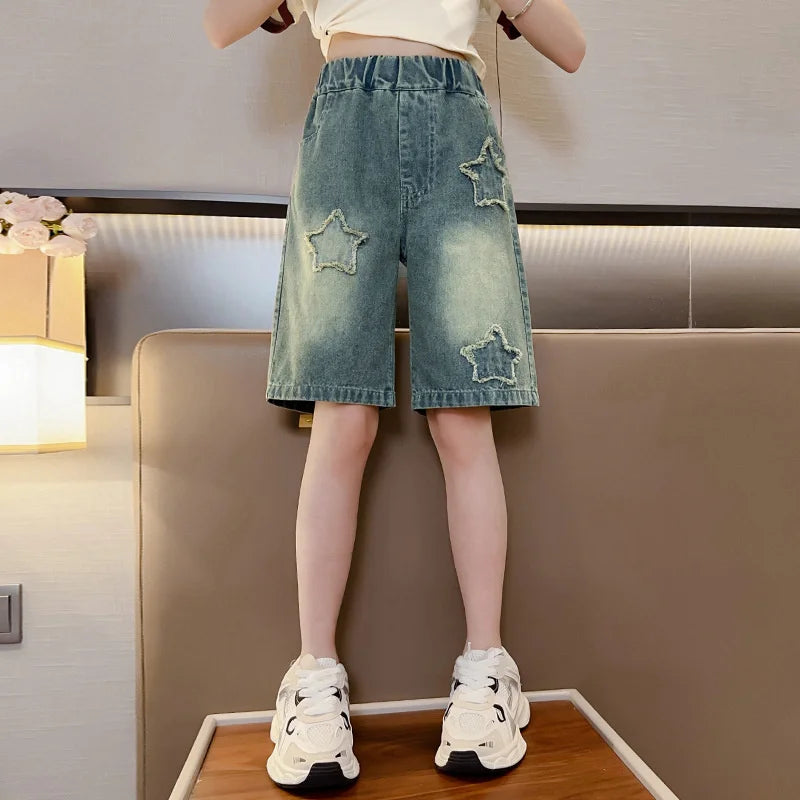 Girls Shorts for Summer,  Kids Casual Loose Jeans,  Childrens  Denim Knee Length Pants,  Teenager Fashion High Waist Shorts