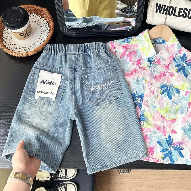 Summer Boys Shorts, Cartoon Embroidery, Boys Denim Shorts Water Wash, 2-10Yrs Boys Horse Pocket Jeans