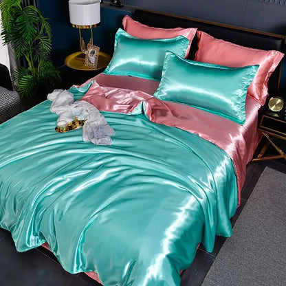Nordic Satin Silk Bedding Set with Duvet Cover,  Bed Sheet,  Pillowcases.   Luxury Solid Single, Double, Couple Pillow Case and Bedsheet