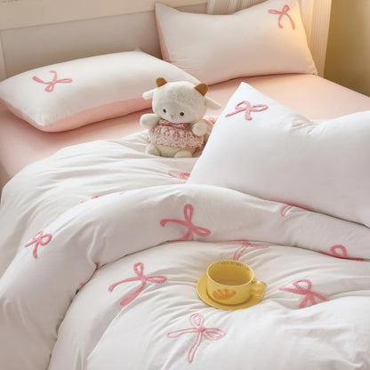 3 Piece Sheet Set  pink bowknot embroidery duvet cover Set ， comfortable Bedding Set Bedspread for All Season
