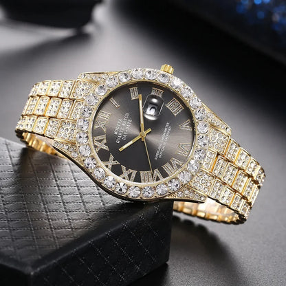 Hot Sale Diamond Bling Watch  for Men,  Gold Color,  Luxury Gift,  Quartz Watches, Mems Clock,  Dropshipping,   Rhinestone Calendar Wristwatch.  RED Face and   " 1 Gold Face "  are gone.  This is going fast.  Don't wait!!!