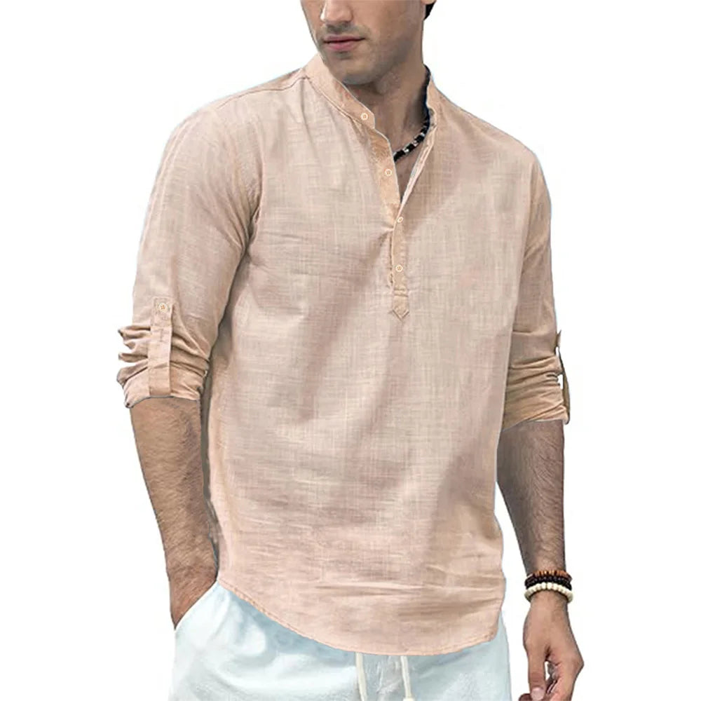 Men's Cotton /Linen Long Sleeve Shirt,  Lightweight with a  Henley Nec,  Beach- Style,  Solid Colors.