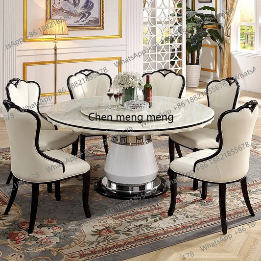 Marble, round dining table and chair combination, black and white simple, modern,  light luxury dining table with turntable