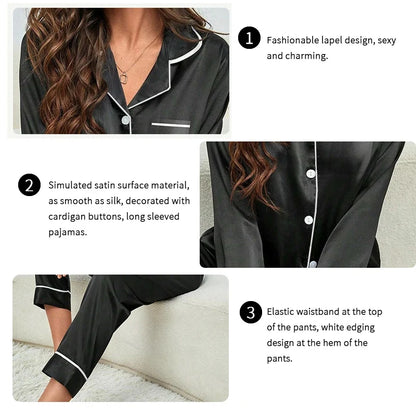 Plus Size Fall and Winter Silk Satin Women Pajamas Set Button down Top & Trousers 2 PCS Set Sleepwear Solid Nightwear Loungewear