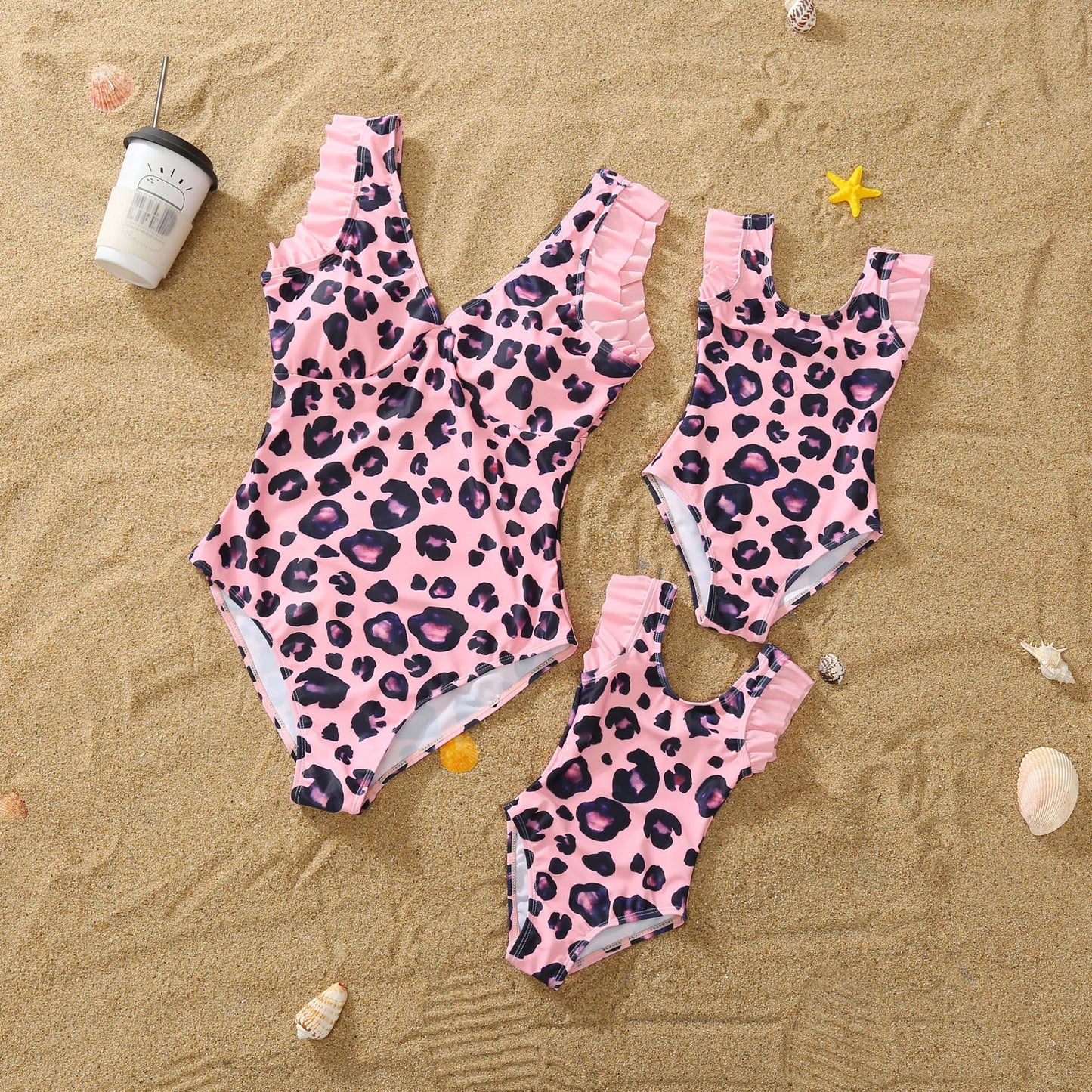 Summer Mom -Daughter/ Dad -Son Matching Swimsuit in Pink Leopard Frill Trim One-piece Suit Swimwear Trunks Beachwear Family Look