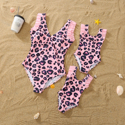 Summer Mom -Daughter/ Dad -Son Matching Swimsuit in Pink Leopard Frill Trim One-piece Suit Swimwear Trunks Beachwear Family Look