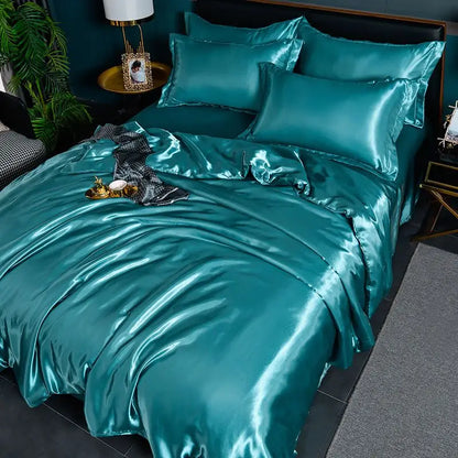 Nordic Satin Silk Bedding Set with Duvet Cover,  Bed Sheet,  Pillowcases.   Luxury Solid Single, Double, Couple Pillow Case and Bedsheet