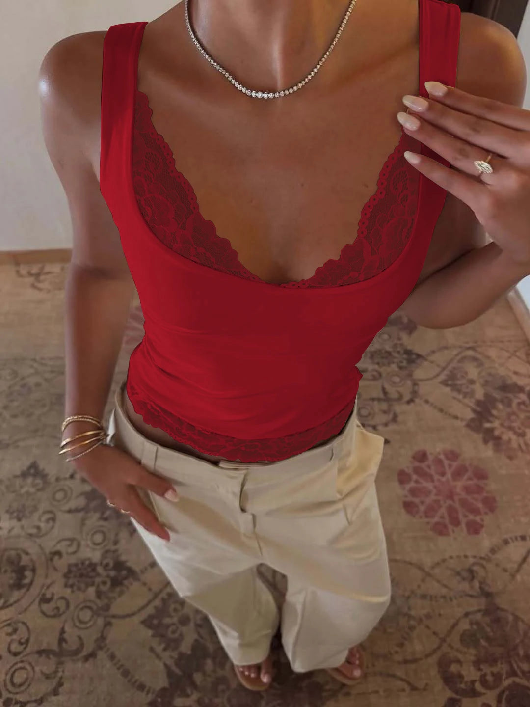V neckline,  Slim Lace Ruffles,  Tank Tops for  Womens  Fashion Top,  Party, Vacation,  Summer Clothes