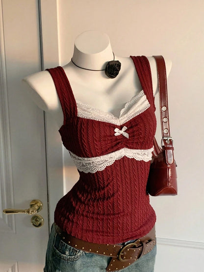 , summer fashion patchwork,  lace bow decoration,  versatile top for warm weather