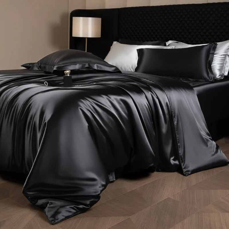 Silk Bed Sheets Set,   Luxury Bedding Set with Duvet Cover,  Fitted/Flat Bedsheet,  Pillowcases, Mixed with Rayon, King /Queen/ Full T/win