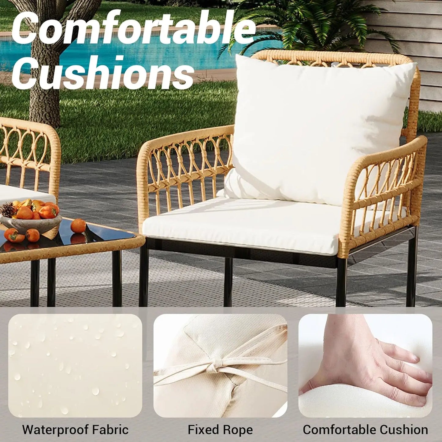 4 Piece Patio Furniture Set of  Wicker for  Outdoor Patio Table and Chairs Set with Glass Side Table, Loveseat Chairs, Boho Rattan