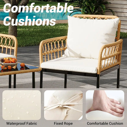 4 Piece Patio Furniture Set of  Wicker for  Outdoor Patio Table and Chairs Set with Glass Side Table, Loveseat Chairs, Boho Rattan