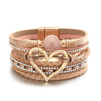 Metal Love Heart Charm,  Leather Bracelets for Women, Fashion Rhinestone Braided Wrap Bracelet , Bangle Female Jewelry Gifts