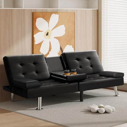Futon Sofa Bed,  Modern Faux Leather Couch Bed,  Convertible Folding Recliner for Living Room with 2 Cup Holders and Armrest, Black or Brown.