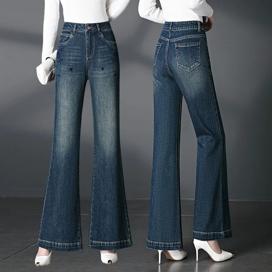 Autumn/Winter Women's High Quality,  Mid to High Waist,  Micro Jeans  in Plus Sizes, Embroidered,  Straight LEG, Casual