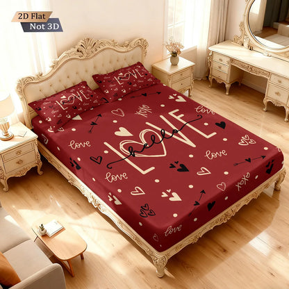3pcs Valentine's Day Romantic Red LOVE Print.  Choreless Bed Sheet Set with Multi Size Bed Cover.