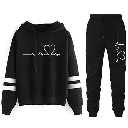 Womens Casual Tracksuit.  Versatile Sweatshirt with Hoodie  Black Sweatpants with High Quality Print.