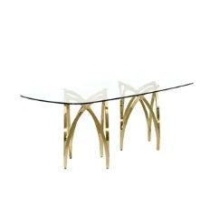 Mirror Furniture,  6 Seats Dining Table, Gold Marble,  Deluxe Glass Dining Table
